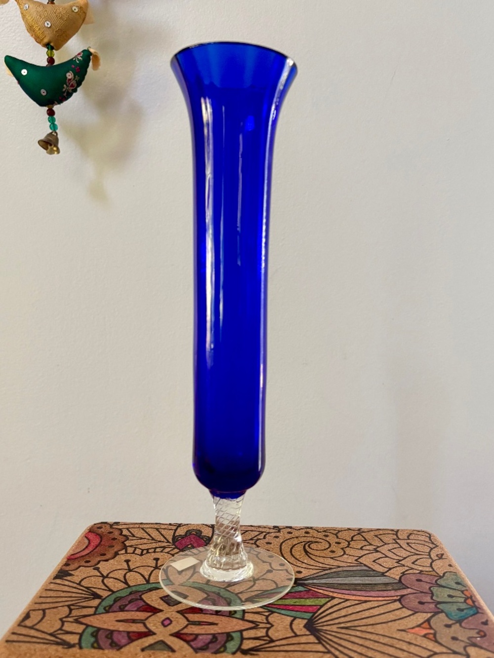 Vintage Napcoware Cobalt Blue Glass Bud Vase Clear Twisted Stem Japan Label Mid